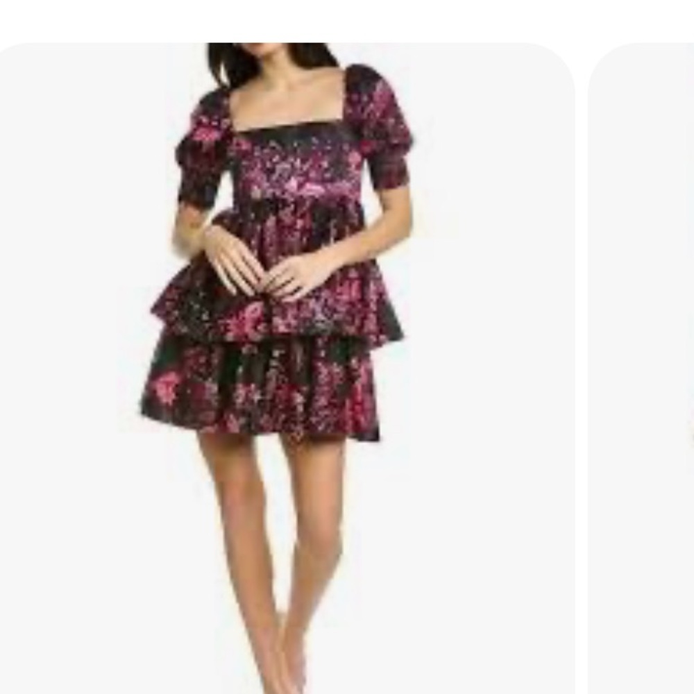 Alice + Olivia Black Dress with Pink Floral Print and Tiered Skirt